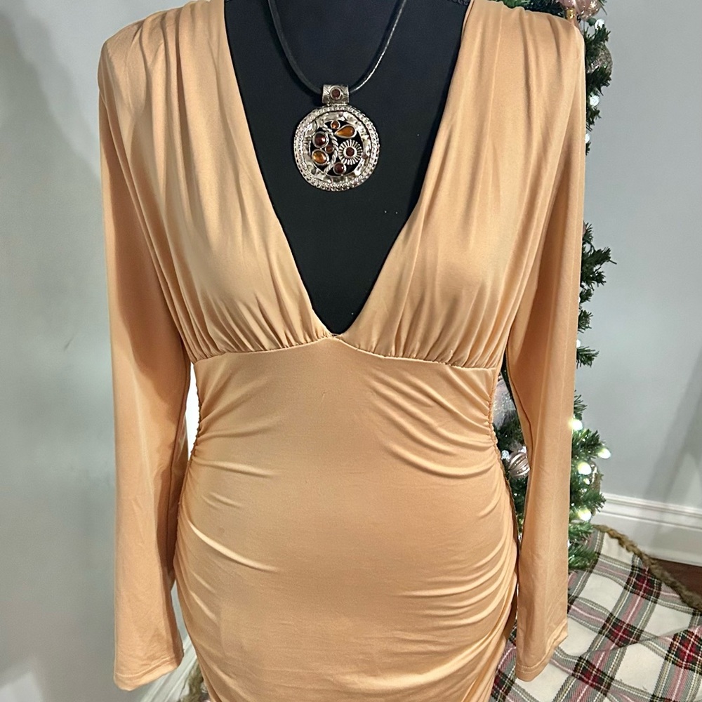 Elegant Long Sleeve Tan Dress